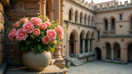 The Elegance of Nature: A Vase of Flowers Beside an Old Medieval Building Highlighting Architectural Charm and Natural Beauty