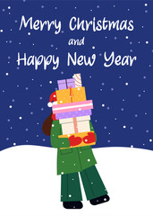 Merry Christmas and Happy New Year' Card with Christmas Girl in Green Outfit Holding Gifts '. Festive Winter Night Scene with Snowflakes. Flat Illustration for Holiday Cards and Seasonal Greetinпы