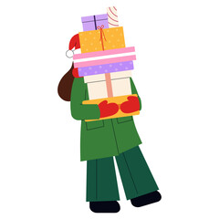 Isolated Flat Design Illustration of a Girl in Green Jacket and Pants Holding a Pile of Gifts. Character with Christmas Hat and Scarf. Holiday-Themed Vector for Festive Decor and Design Projects