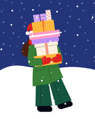Festive Girl in Green Jacket Carrying Gifts in the Snow. Winter Night Scene with Christmas Hat, Scarf, and Snowflakes. Flat Design Illustration of Holiday Spirit for Christmas and New Year Celebration