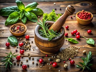 Obraz premium Aerial View of Fresh Herbs and Spices Being Ground in a Mortar and Pestle for Culinary Delights