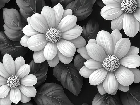 distinctive black and white flower patterns, designed for backgrounds or decorative elements, showcasing intricate details and high-resolution quality for visual appeal
