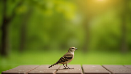 A Serene Image of a Bird Perched on a Table Outdoors Surrounded by Nature's Beauty