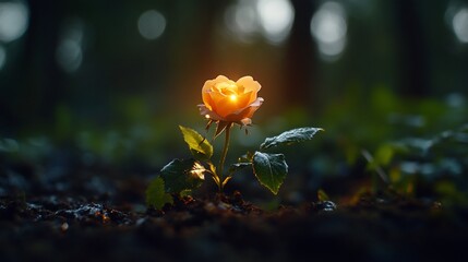 A single, glowing rose blooms in a dark forest.