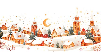 Naklejka premium Cozy Christmas in the Suburbs: Detailed Illustration of Snowy Houses and Festive Decorations