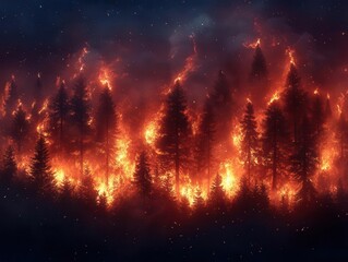 Naklejka premium dramatic illustration of a forest fire at night, with trees engulfed in flames illuminating the dark surroundings, portraying the devastation and urgency of environmental destruction