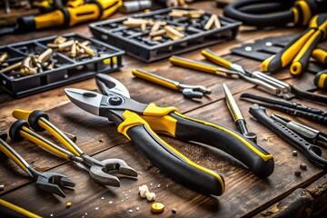 Aerial View of Pliers with Black and Yellow Handles on a Workshop Surface for Tool Photography