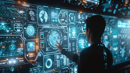 A man in a black shirt stands in front of a large digital screen filled with glowing blue interfaces, using his finger to interact with the data.