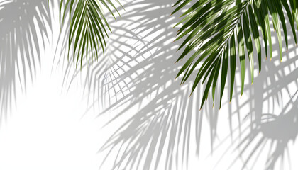 Grey shadow of natural palm leaf abstract background falling on white wall texture for background and wallpaper. Tropical palm leaves foliage shadow overlay effect, foliage mockup and design isolate