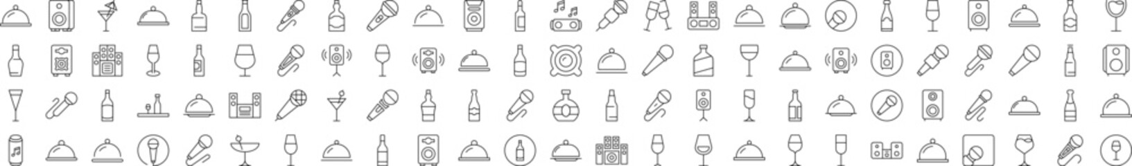 Cocktail, Bowl with Cloche, Bottle, Loud Speaker Images Drawn with Thin Line. Collection of Various Design Elements that Can Be Used for Apps, Articles, Web Sites, Social Media