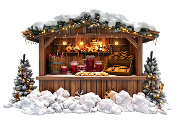 Christmas market stall with mulled wine and gingerbread cookies inside an opened wooden box on a pile of snow. Festive season 3D illustration Isolated on transparent background.