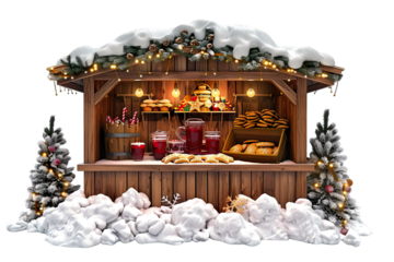 Christmas market stall with mulled wine and gingerbread cookies inside an opened wooden box on a pile of snow. Festive season 3D illustration Isolated on transparent background.