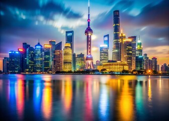 Obraz premium Aerial View of Shanghai's Financial Center at Night: Highrise Bank Building Near the Bund