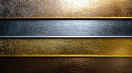 A close-up view of four horizontal metal bars with varying shades of gold, silver, and brown, creating a textured and metallic background.