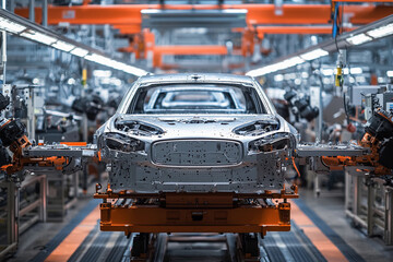 Naklejka premium Modern car manufacturing assembly line in a factory at dawn