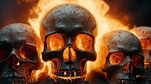 skulls are engulfed in flames against a dark background, burning skull slow motion, generative ai