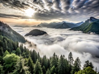 Obraz premium Aerial View of Sunrise Mountains in Clouds with Lush Green Trees and Fog - Scenic Landscape Photography
