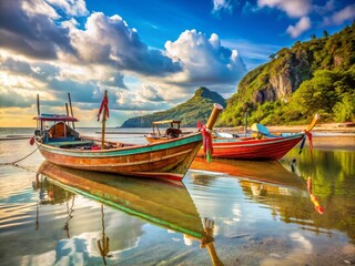 Obraz premium Aerial View of Traditional Thai Long-Tailed Fishing Boats on Tropical Shoreline During Low Tide