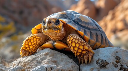 Naklejka premium A close-up of a tortoise resting on a rock in a natural setting.