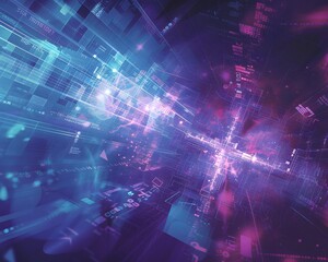 A transformative, futuristic background with a cyber, high-tech cross. The shimmering, complex pattern in pink and blue is sleek and sophisticated. Ideal for a digital wallpaper.