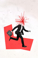 Vertical poster collage headless businessman run hurry rush formalwear headless caricature drawing...