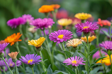 Obraz premium Vibrant flowers in a lush garden during springtime bloom