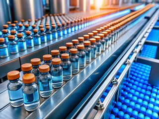Fototapeta premium Aerial View of Vaccine Vials on Conveyor Belt in Pharmaceutical Manufacturing Facility