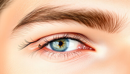 Obraz premium Close-up vertical image of man's eyes, emphasizing clear, bright blue eyes and well-groomed eyebrows, isolated on white background. Eye care. Concept of male beauty, skin care, cosmetology, cosmetic