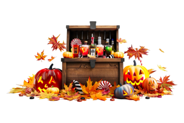Halloween bar with spooky cocktails and candy inside an opened wooden box on a pile of autumn leaves. Creepy celebration 3D illustration Isolated on transparent background.