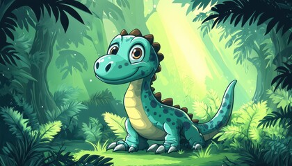 Obraz premium Cute cartoon dinosaur exploring a lush green jungle during a sunny day