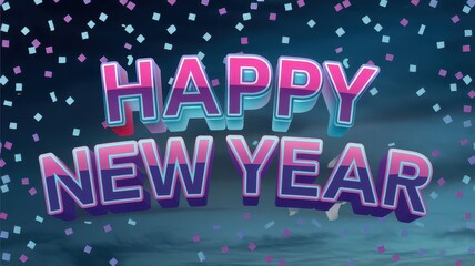 3d Happy new year celebration written background, 3d purple blue pink happy new year template background in 3d visual effect