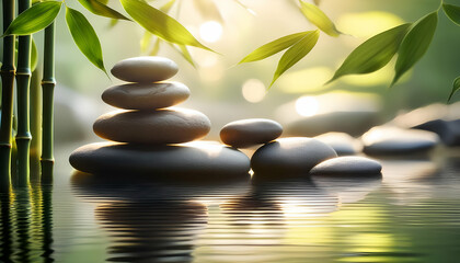 A serene setup with Zen stones partially submerged in water, accompanied by bamboo leaves gently floating on the surface. A soft glow enhances the peaceful ambiance