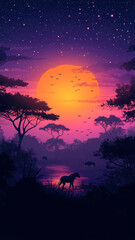 Sunset scene over an African savanna animal landscape scene.