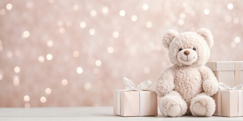 A cute teddy bear and wrapped gifts against a soft bokeh beige gender neutral background. Ideal for baby showers, gender reveals, newborn celebrations, or children's parties, cozy and heartwarming