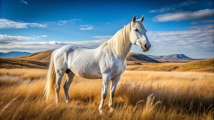 Obraz premium Aging White Horse in Austere Grassland - Candid Nature Photography