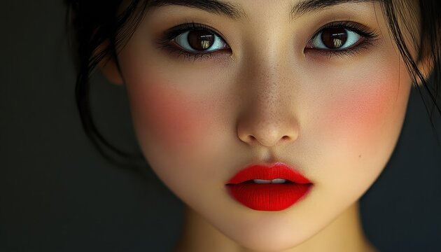 A close-up portrait of a young woman showcasing bold red lips and captivating eyes
