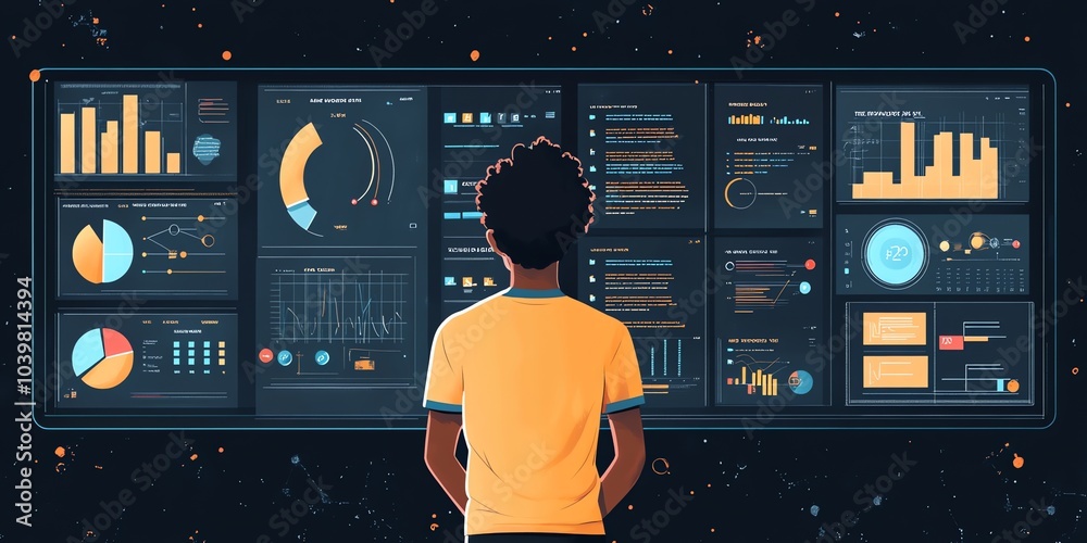 Poster a man in a yellow shirt stands in front of a large monitor displaying data analytics and graphs.