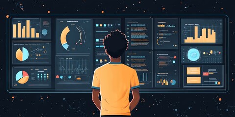 A man in a yellow shirt stands in front of a large monitor displaying data analytics and graphs.