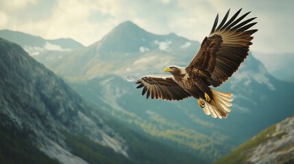Fototapeta premium A majestic eagle soaring over a mountain range, embodying the raw beauty and freedom of wildlife in its natural habitat.