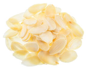 Almond flakes, slices of blanched almonds nuts isolated on white background. File contains clipping paths.