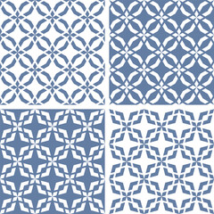 Set of Seamless Geometric Blue and White Patterns.