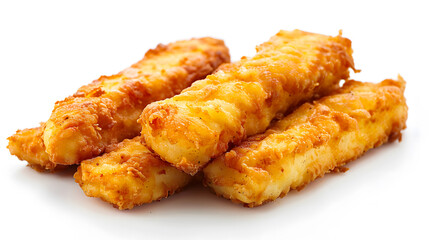 Macro view Golden crispy fried fish fingers on white background