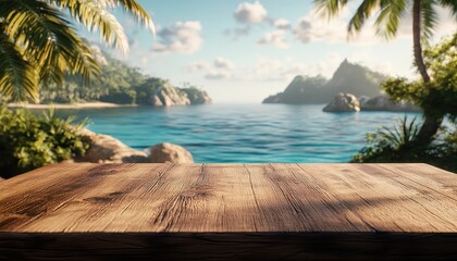 Fototapeta premium A serene coastal view with a wooden table in the foreground at sunset