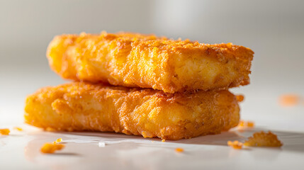 Macro view Golden crispy fried fish fingers on white background