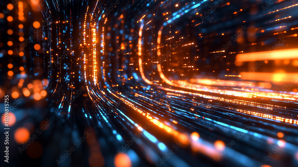 Poster a visual representation of flowing data streams in glowing orange and blue, creating a captivating d