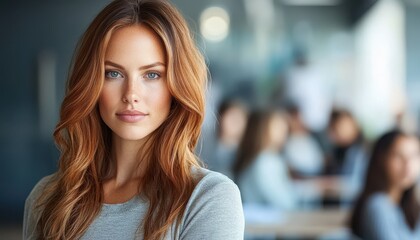 A young woman with long hair shows confidence in a modern workspace