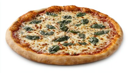 Freshly baked pizza topped with basil and melting cheese on wooden table