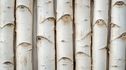 Obraz premium Close-up view of white birch tree trunks lined along a wooden surface in natural light