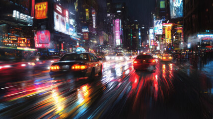 Vibrant city street at night with glowing headlights and taillights reflecting on wet pavement, creating dynamic and bustling atmosphere.