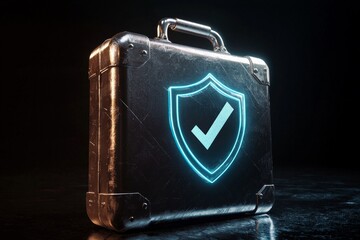 A metallic briefcase with a shield and checkmark icon, symbolizing cybersecurity and trust. 